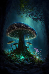 Fototapeta na wymiar A majestic mushroom stands tall in the middle of the enchanted forest. Its vibrant blue hues seem to light up the forest, creating a magical atmosphere. 
