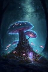 A majestic mushroom stands tall in the middle of the enchanted forest. Its vibrant blue hues seem to light up the forest, creating a magical atmosphere. 