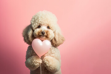 Smiling poodle puppy holding a pink heart shaped balloon  for Valentine Day or birthday. Generative AI. - obrazy, fototapety, plakaty