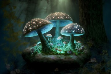 A majestic mushroom stands tall in the middle of the enchanted forest. Its vibrant blue hues seem to light up the forest, creating a magical atmosphere. 