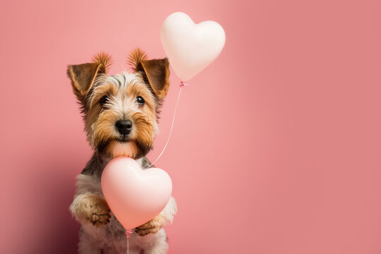 Valentine terrier puppy holding heart shaped balloons. Generative AI.