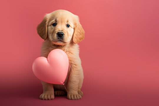 Golden Retriever puppy with a pink heart-shaped balloon  for Valentine Day or birthday. Generative AI.