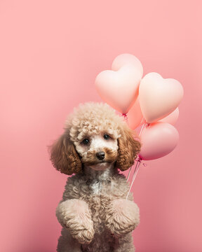 Poodle puppy holding a bouquet of pink heart shaped balloons for  for Valentine Day. Generative AI.