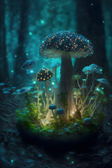 Fototapeta na wymiar A majestic mushroom stands tall in the middle of the enchanted forest. Its vibrant blue hues seem to light up the forest, creating a magical atmosphere. 