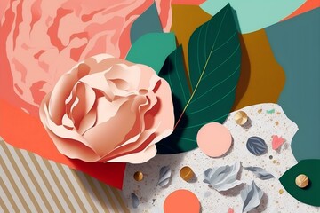 rose petal lying on top of a collage of abstract shapes and textures, depicting a sense of complexity or layering, DIGITAL ART (AI Generated)