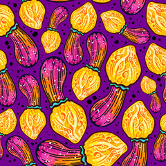 Magic seamless vector pattern of psilocybin mushrooms. Wallpaper of hallucinogenic mushrooms. Amazing sticker of colored fly agarics