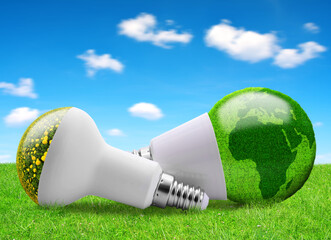 Eco LED bulbs in grass. Energy saving lamp.