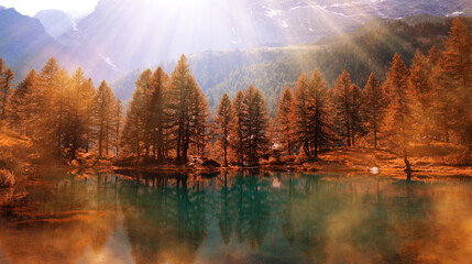 Lake Lago Blu near Breuil-Cervinia, Val D'Aosta, Italy. Beautiful autumnal mountain landscape.
