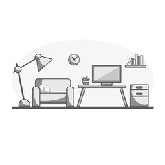 flat interior design modern living and working area, gray tone, vector illustration, object for room decorating