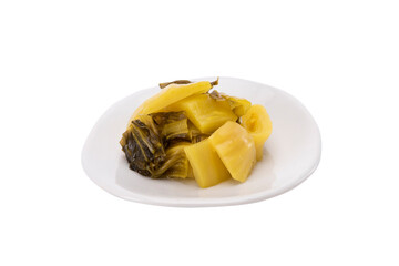 A plate of pickled chinese mustard isolated on white background