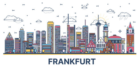 Outline Frankfurt Germany City Skyline with Modern Colored Buildings Isolated on White.