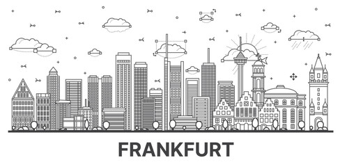 Outline Frankfurt Germany City Skyline with Modern Buildings Isolated on White. - obrazy, fototapety, plakaty