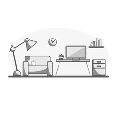 flat interior design modern living and working area, gray tone, vector illustration, object for room decorating