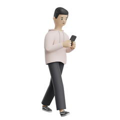 3D Man Walking Mobile Phone Happy Work from Anywhere