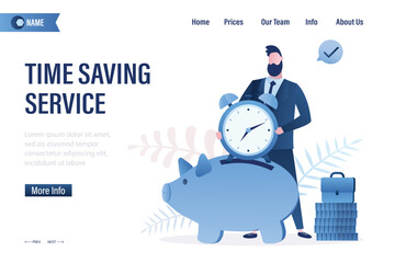 Businessman putting clock into piggy bank. Time saving service, landing page template. Planning techniques, scheduling. Right work organization and time management.