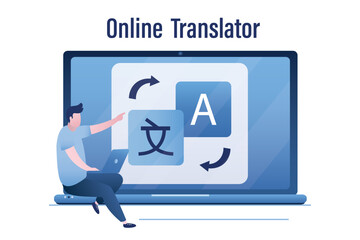Businessman or male student translate foreign text or voice uses app on laptop. Language translator, dictionary, bot translator. Schoolboy learning language. Online translation software.