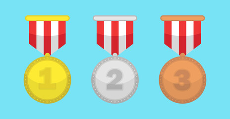 set of medal with ribbon,gold medal,silver medal,and bronze medal achievement,flat illustration