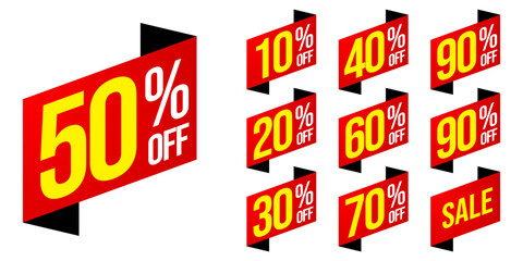 Set of discount tag label vector illustration, sale banner for media promotion with red and yellow color combination, special offer sticker