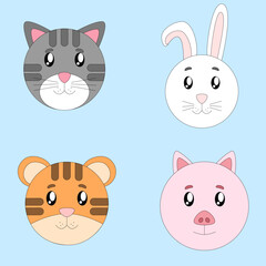 Adorable cat rabbit tiger and pig on blue background.