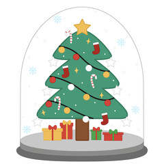 Christmas tree with decorations and gifts in glass dome on white background.