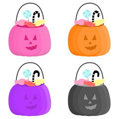 Cute colorful candies in pumpkin basket. Halloween is a time of superstitions and celebrations for Kids and adults. trick-or-treating. Vector, Cliparts, Illustration.