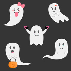 Happy Halloween ghosts 5 emotion with pumpkin basket on grey background. Set cute vector illustration design. 