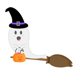 Happy Halloween ghost with pumpkin basket on broomstick. cute vector illustration design. 
