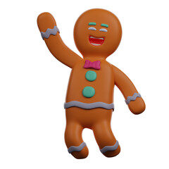 3D illustration. 3D Gingerbread Cartoon Character laughs a lot. with a waving hand pose. wearing a cute tie. 3D Cartoon Character