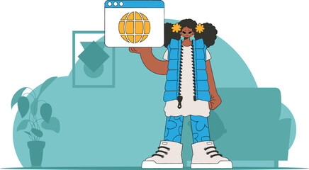 A bright and stylish illustration of a girl holding a browser window in her hands. Marketing materials. Perfect for adding a modern and tech touch to your project.