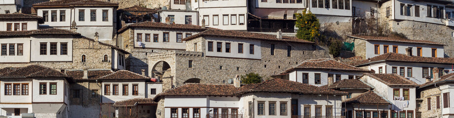 Fototapeta na wymiar Traditional houses In Berat, Albania, Europe. Cityscape with those famous aligned white facades. Blue sky