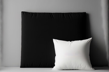 Front image of a mockup stand holding a blank black rectangle and square cushion. Headboard mock up with no fluffy or feather stuffing, isolated. clear bolster or soft pad. Generative AI
