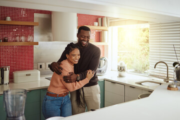Black couple, happy home and love while together with care and happiness in a marriage with...