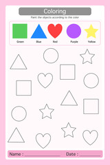 Worksheet 2D Colorful Geometric shapes. paint the objects according to the color. Learning materials for preschool kids. Logical game for kindergarten.