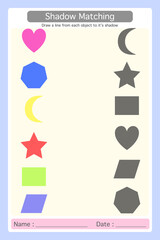 Worksheet 2D Colorful Geometric shapes. draw lines to match the shadows with the correct picture on the right. Learning materials for preschool kids. Logical game for kindergarten.