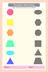 Worksheet 2D Colorful Geometric shapes. draw lines to match the shadows with the correct picture on the right. Learning materials for preschool kids. Logical game for kindergarten.