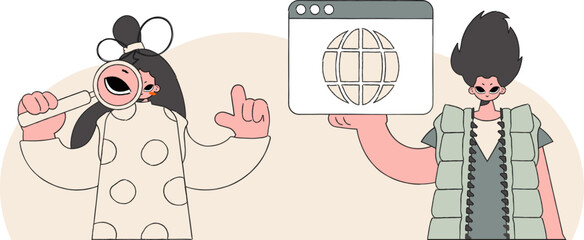 A bright and stylish illustration of a guy and a girl looking for information. Bright trend character.