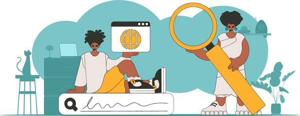 A bright and stylish illustration of a man and a woman help to find information on the Internet. Modern character style.