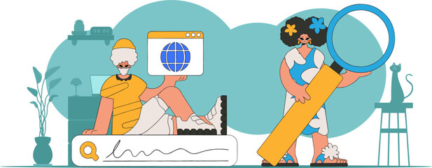 A bright and stylish illustration of a man and a woman help to find information on the Internet. Bright trend character.