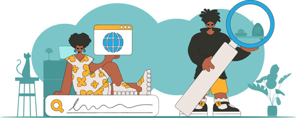 A bright and stylish illustration of a woman and a man help to find information on the Internet. Bright trend character.