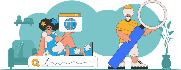 A bright and stylish illustration of a woman and a man looking for information. Material for educational content.