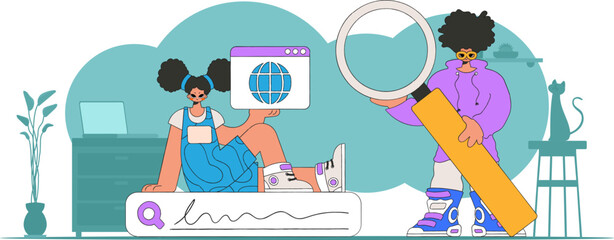 A bright and stylish illustration of a woman and a man looking for information. Modern character style.
