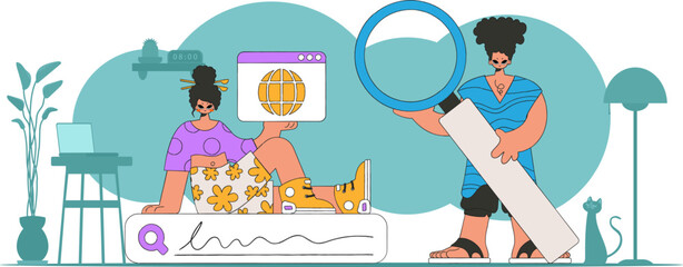 A bright and stylish illustration of a woman and a man looking for information. Bright trend character.