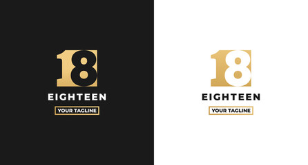 Number 18 logo or Logo Number 18 isolated on white and black background. Logo Number 18 elegant. Suitable for brand logos or products with the brand name fifteen. Number 18 logo simple gold color. - obrazy, fototapety, plakaty