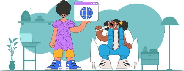 The girl and the guy help to find information on the Internet. Bright trend character.