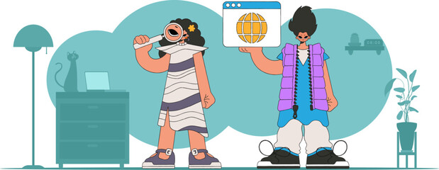 A bright and stylish illustration of a girl and a guy looking for information. Bright trend character. Perfect for adding a modern and tech touch to your project.