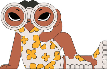 A young woman looks through binoculars. HR theme.