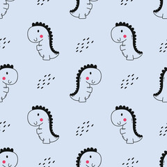 Seamless children's pattern for sewing clothes and printing on fabric. Background for newborn. Cute dino. Dinosaur on blue background. Hand drawn illustration.