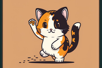Cute calico cat cartoon and picture waving its paws. Generative AI
