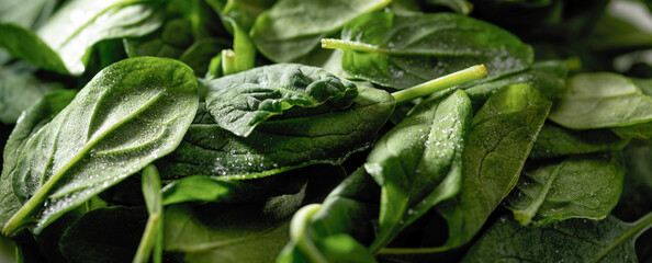 frozen baby fresh spinach, top view, banner