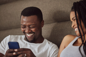 Black couple, phone and relax happiness in bed for social media streaming, comic meme or quality...